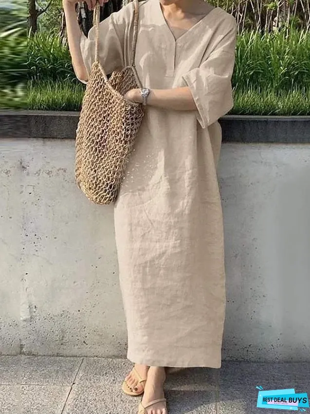 Cotton Linen Dress Casual Dress Shift Dress Maxi long Dress Cotton Blend Fashion Casual Outdoor Daily V Neck Button Short Sleeve Summer Spring Loose Fit Navy Blue Orange Green Pure Color for Women