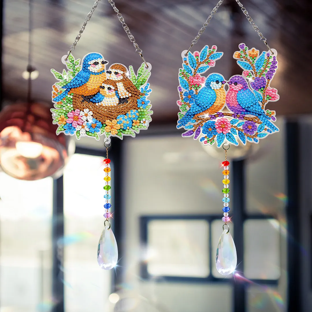 2Pcs Birds Family DIY Acrylic Diamond Painting Art Wind Chimes with Crystal Pendant Diamond Art Hanging Pendant Double-Sided for Adults Beginners Gift Home Garden Decor