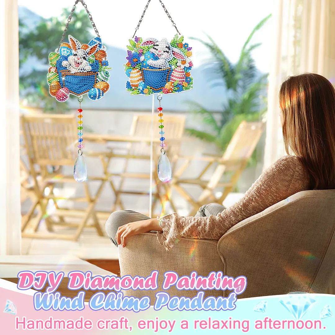 2Pcs Pocket Rabbit DIY Acrylic Diamond Painting Art Wind Chimes with Crystal Pendant Diamond Art Hanging Pendant Double-Sided for Adults Beginners Gift Home Garden Decor