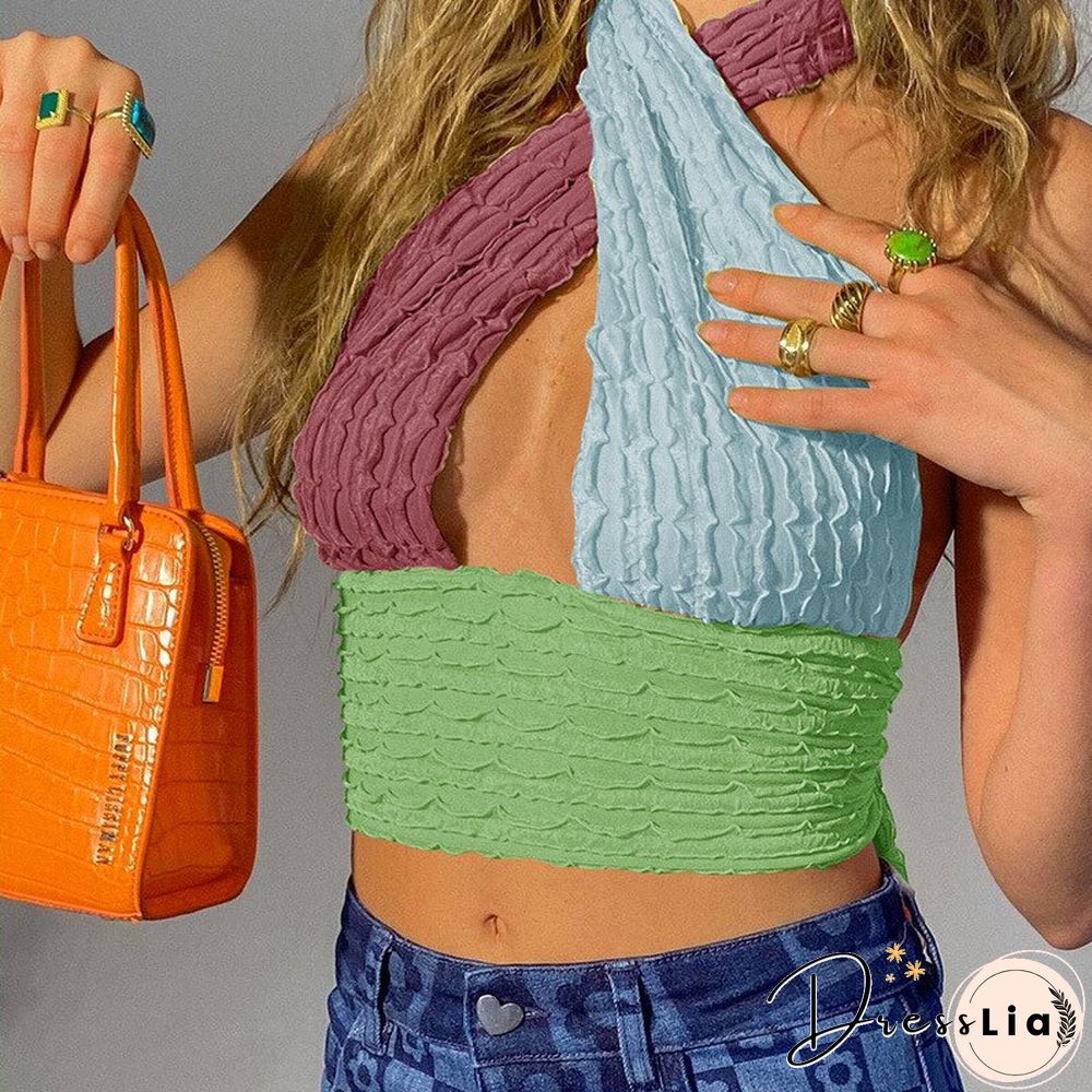 Patchwork Hollow Out Knit Crop Top Women Halter Neck Summer Sleeveless Backless Sexy Off Shoulder Party Tank Tops