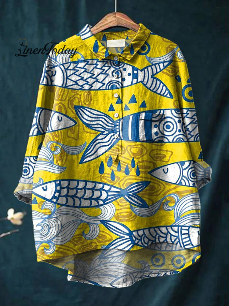 Summer Sea Fish Pattern Printed Women&rsquo;s Casual Cotton And Linen Shirt Multicolor / S