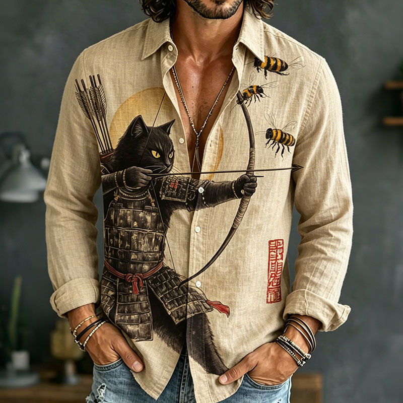 Comstylish Men's Black Cat Tribal Warrior Japanese Kyudo Print Long Sleeve Shirt