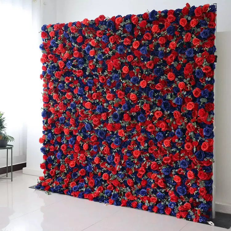 Flowers Artificial Floral Wall Backdrop: Royal Romance: A M&eacute;lange of Midnight Blue and Resplendent Red-VF-291