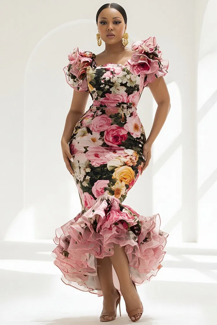 Xpluswear Design Plus Size Cocktail Party Chiffon Pink Floral Round Neck Cap Sleeve Mermaid Ruffle Satin Maxi Dresses 2024 - Xpluswear