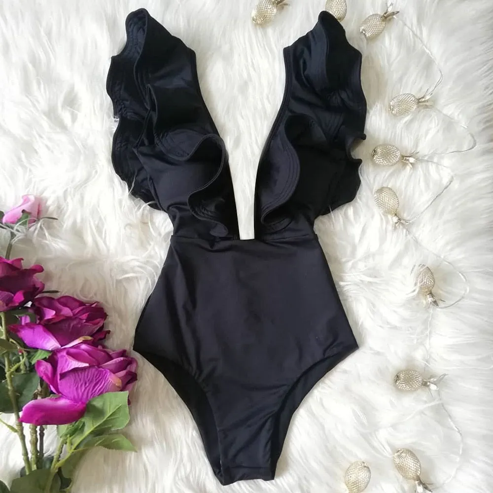 2022 New Sexy Ruffle Print Floral One Piece Swimsuit Off The Shoulder Swimwear Women Solid Deep-V Beachwear Bathing Suit Monkini