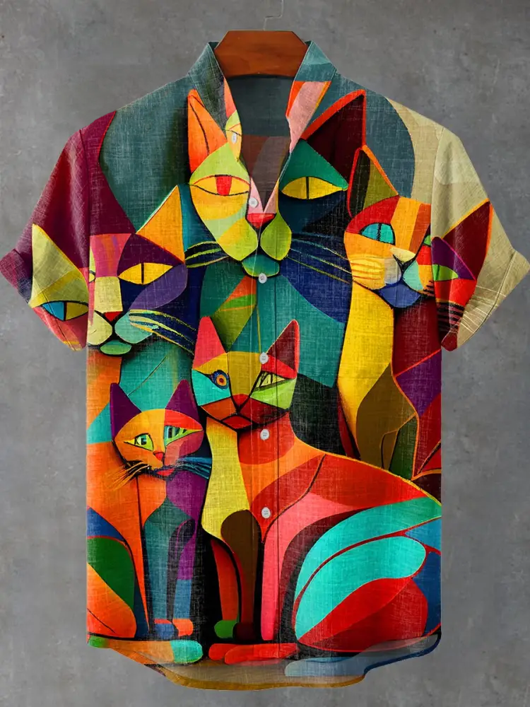 Vintage Cat Art Print Casual Shirt