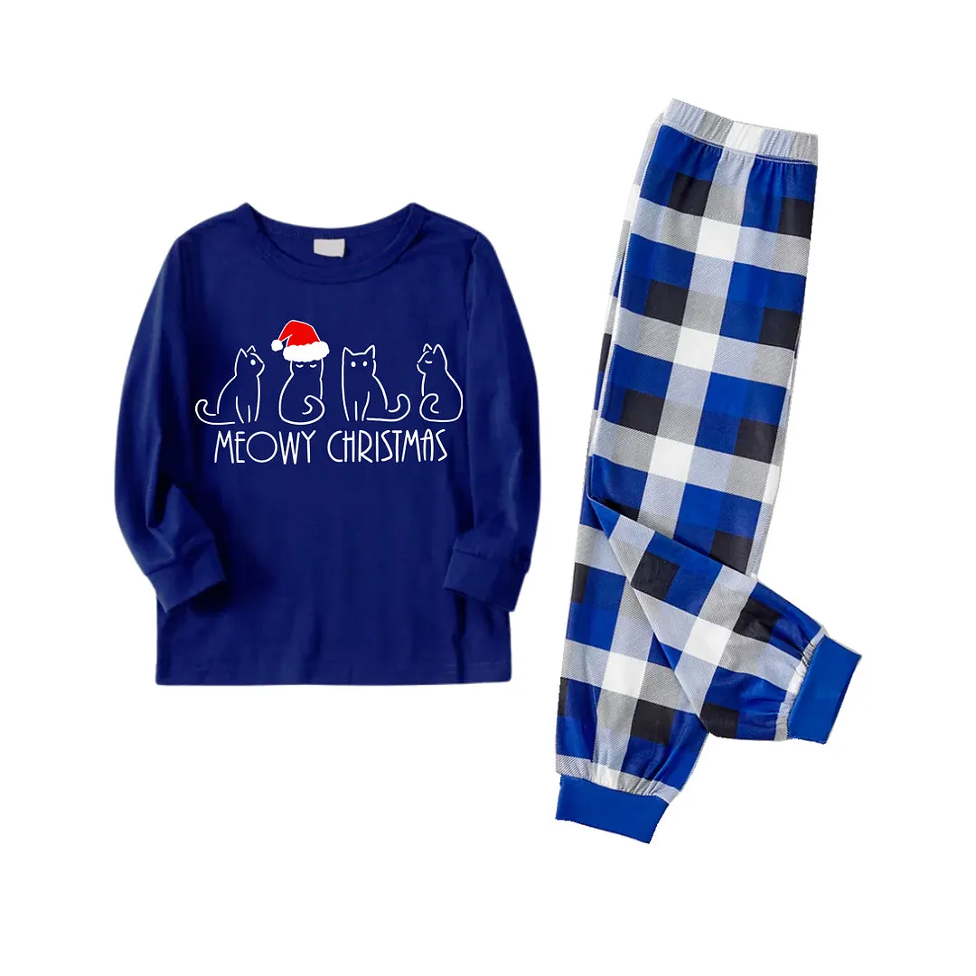 White Cute Head Christmas Hat Cat Pattern 2024 Blue Long Sleeves with Blue&White&Black Plaid Pants Family Matching Pajamas