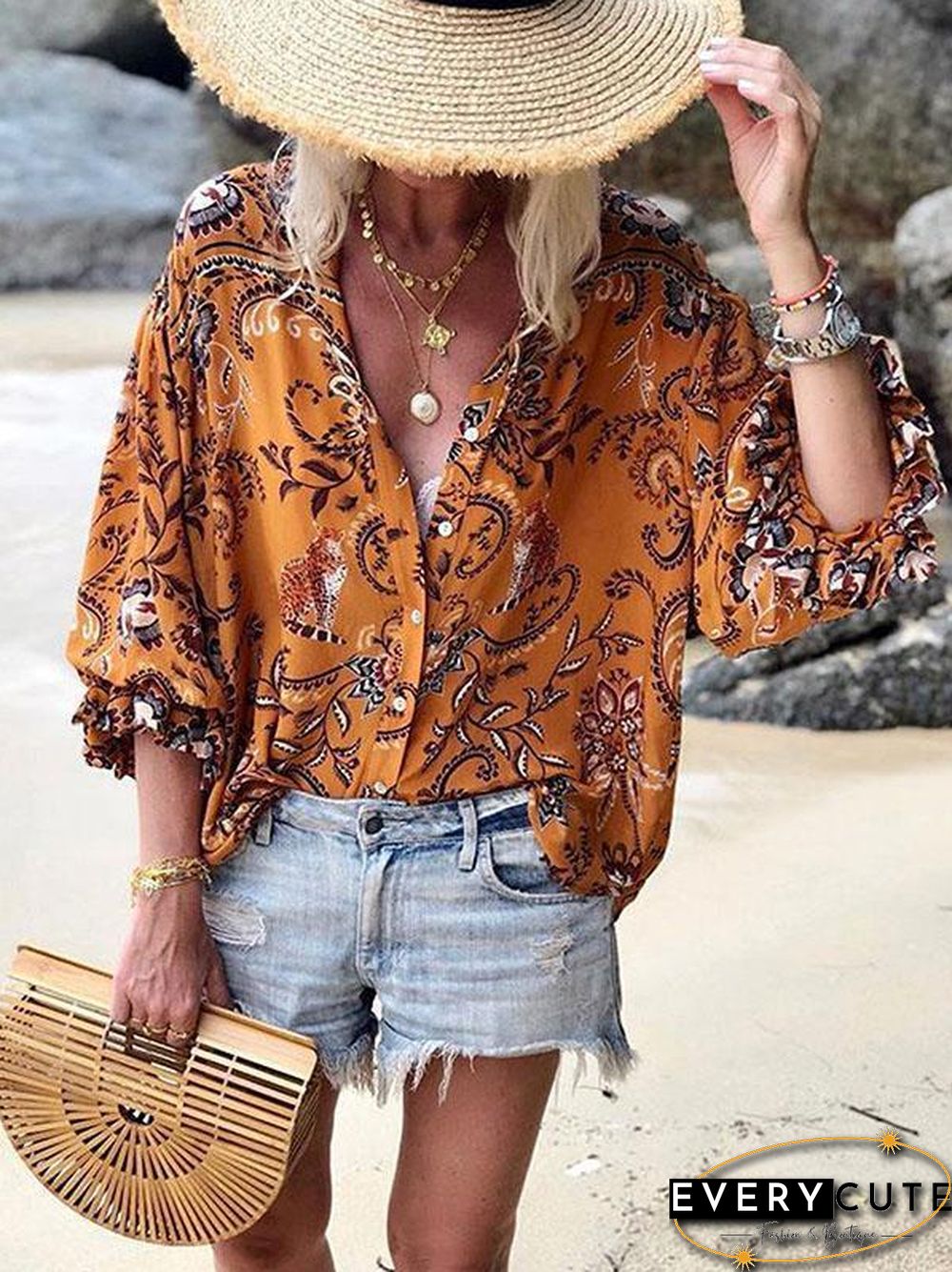 Orange Pattern Western Style Women Long Sleeve Shirt