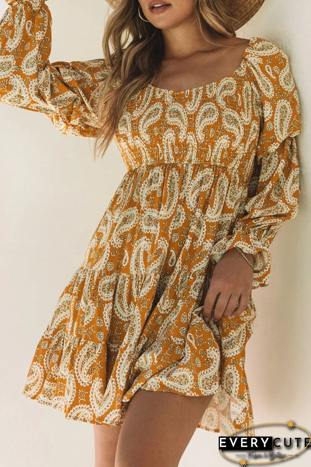 Yellow Boho Paisley Long Sleeve Floral Dress