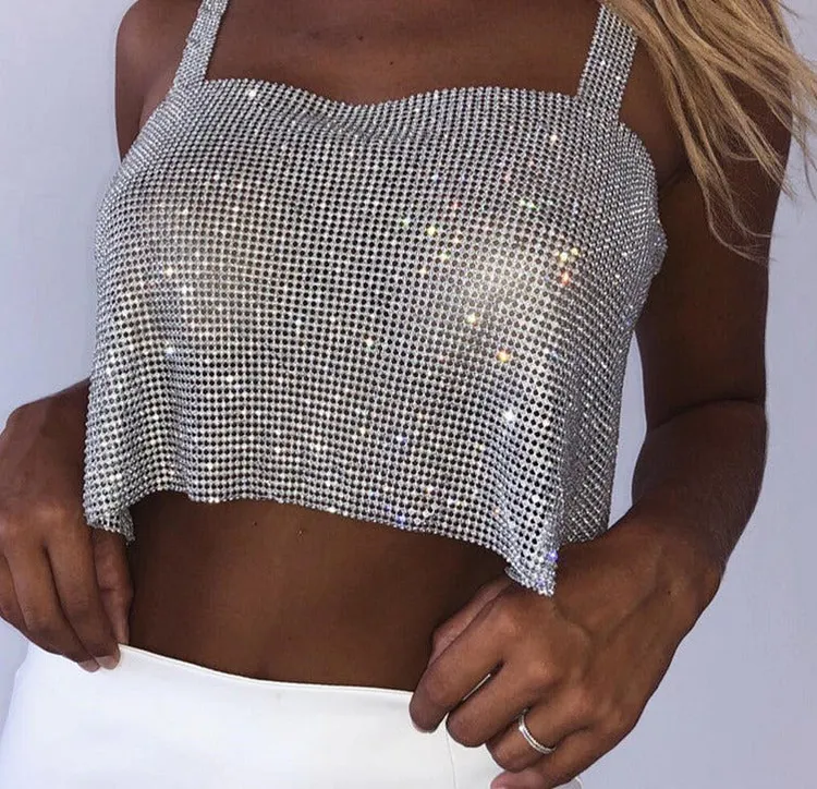 Solid Backless Straps Diamonds Sequins Cropped Top for Women