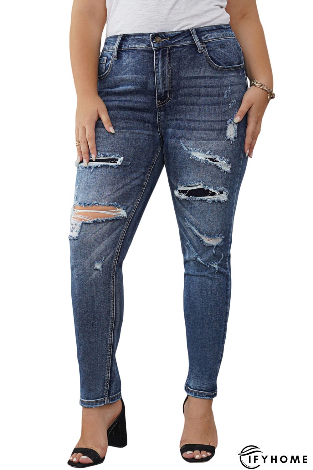 Blue Distressed High Waist Plus Size Jeans | IFYHOME
