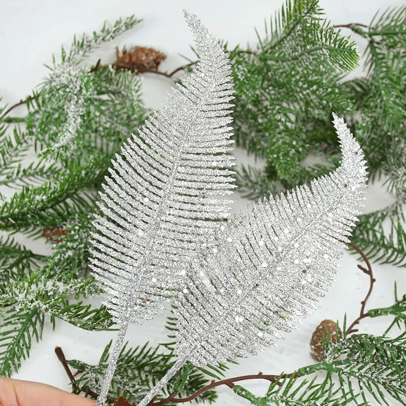 3pcs Glitter Feather Artificial Leaves Clip Xmas Tree Ornament Christmas Party Home Decoration Navidad New Year Wedding Flowers