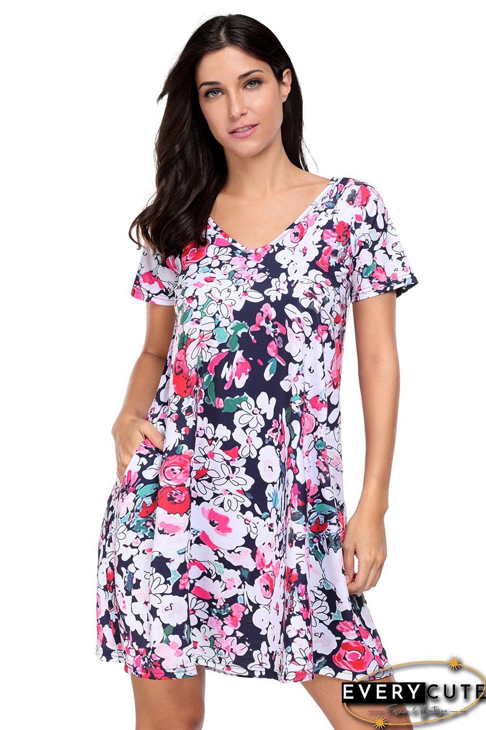 Vintage Pocket Design Summer Floral Shirt Dress