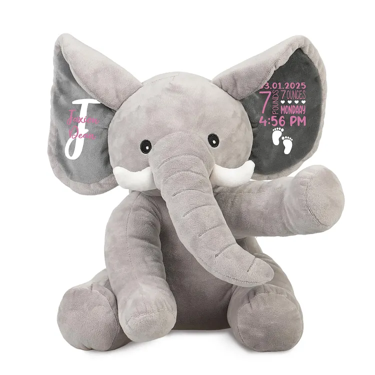 Dyoart Personalized Baby Birth Stats Elephant Plush, Custom Birth Announcement Stuffed Elephant Plushies for Newborn Boys Girls Baby Shower Gifts