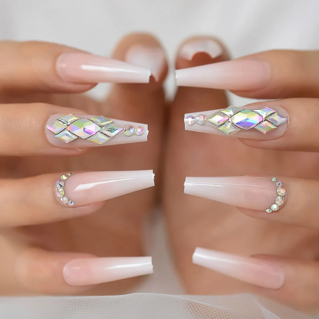 Extra Long Coffin Rhinestone Fake Nails Gel Tips Decoration Nails False Hand Dummy Fake Nails Stick On Nails Fingernails-Nail Inspo