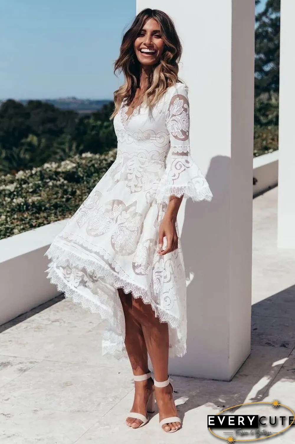 Deep V Neck Lace Hollow Pagoda Sleeve Dress