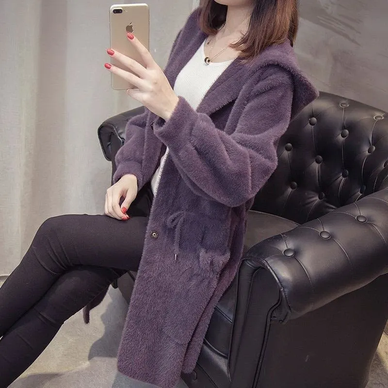 Autumn And Winter New Mink Like Cashmere Coat Women's Cardigan Korean Hooded Loose Medium Length Mink Sweater Coat Thickened