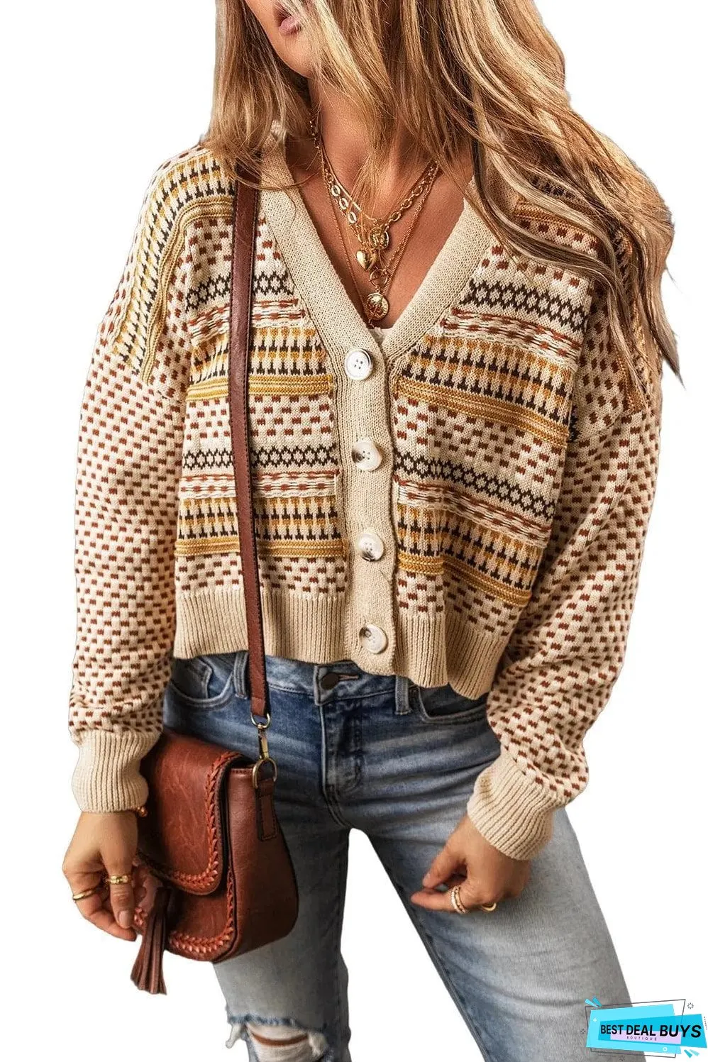 Khaki Buttoned V Neck Cropped Cardigan