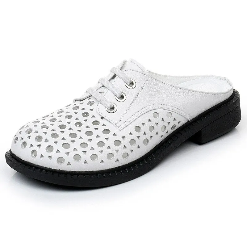 GKTINOO 2022 New Summer Round Toe Hollow Genuine Leather Slippers Casual Sandals Low Heel Shoe Slippers Women Sandals Large Size