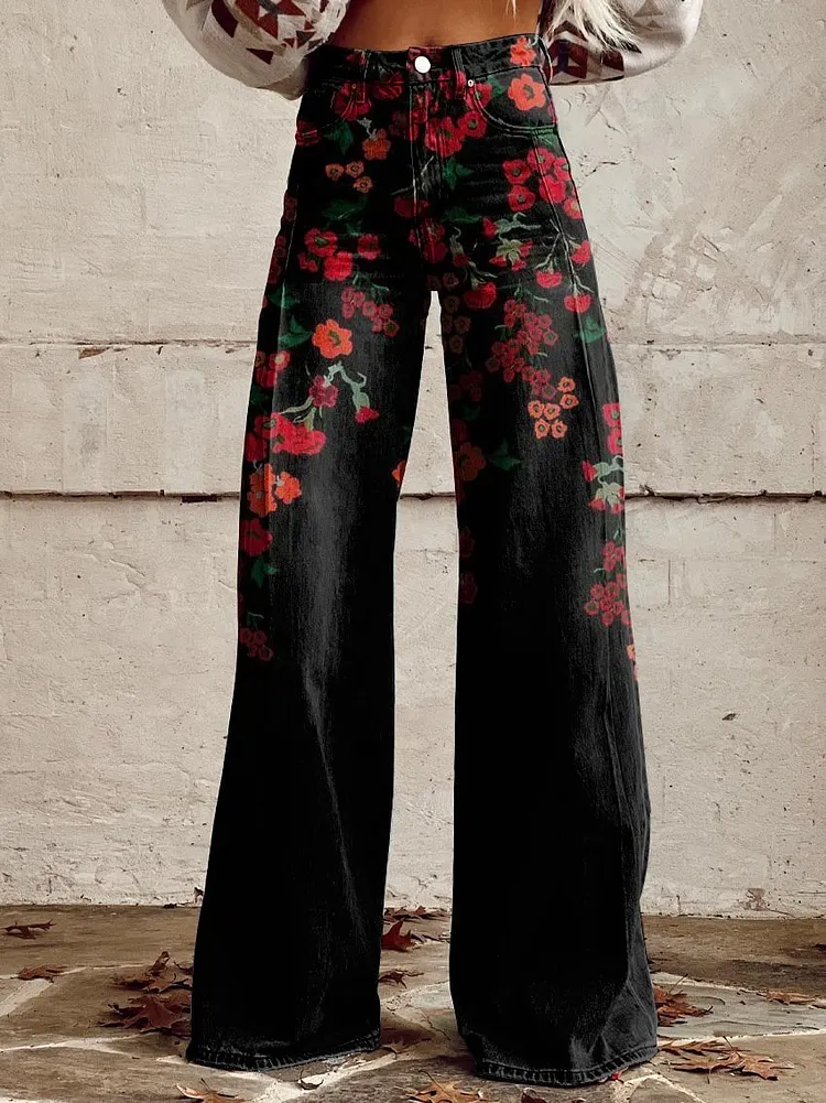 Women's Red Flowers On Black Background Print Casual Wide Leg Pants