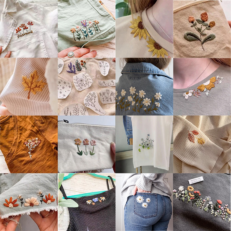 A variety of hand-embroidered floral designs displayed on different fabrics, including T-shirts, jeans, and bags. The embroidery patterns feature sunflowers, daisies, maple leaves, wildflowers, and more, showcasing the beauty and creativity of DIY water-soluble embroidery projects