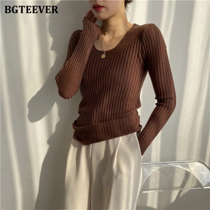 BGTEEVER Autumn Deep O-neck Women Basic Slim Warm Knitted Tops Casual Skinny Stretch Long Sleeve Female Pullover Sweaters 2020
