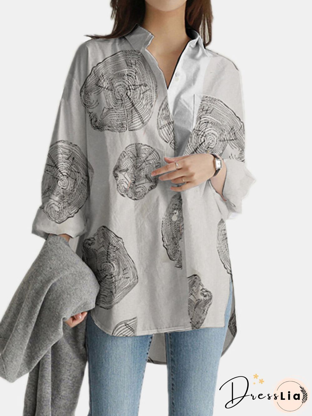 Geometry Print Long Sleeves Casual Loose Blouse With Pockets