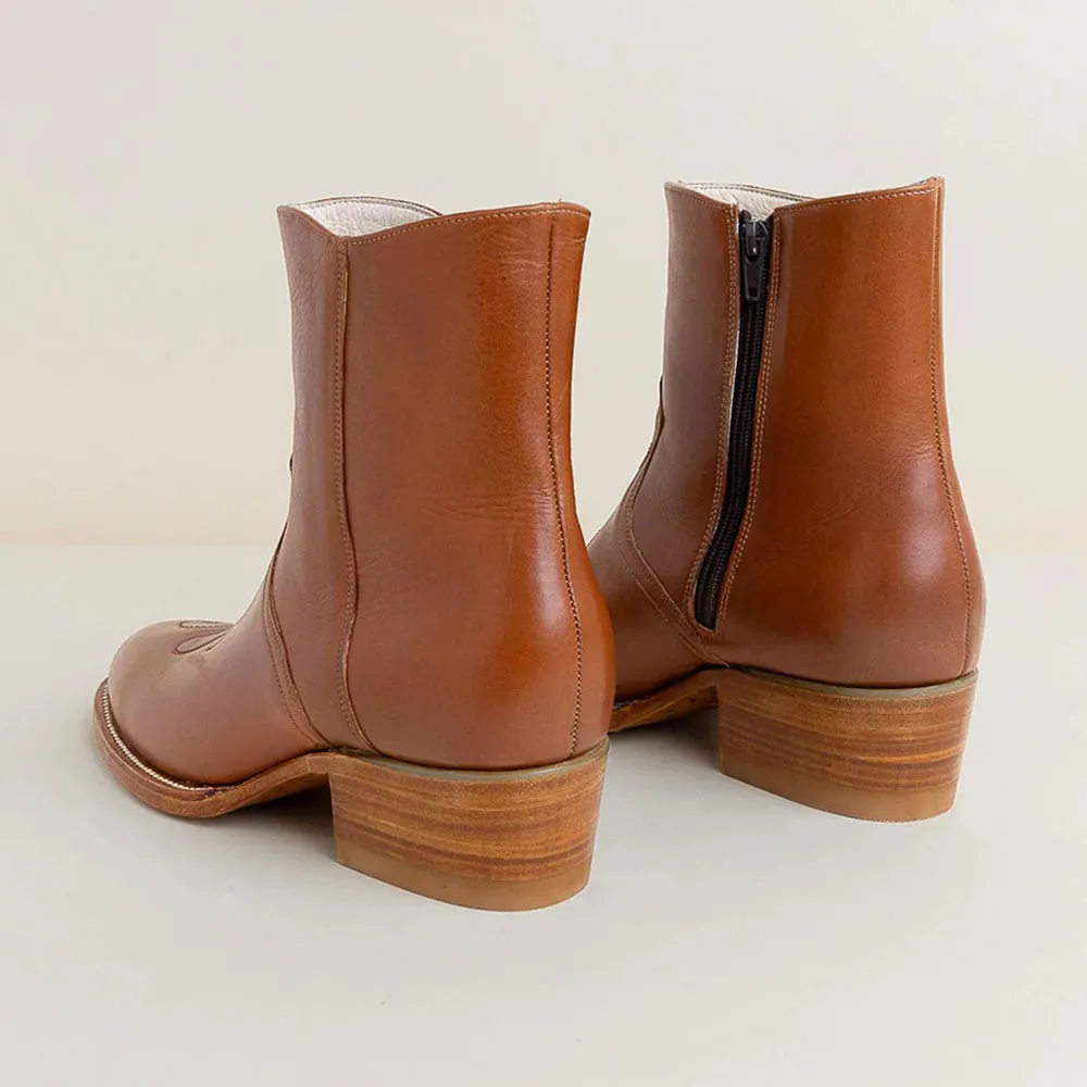 Short Closed Toe Block Heel Embroidered Tan Cowgirl Boots with Zipper