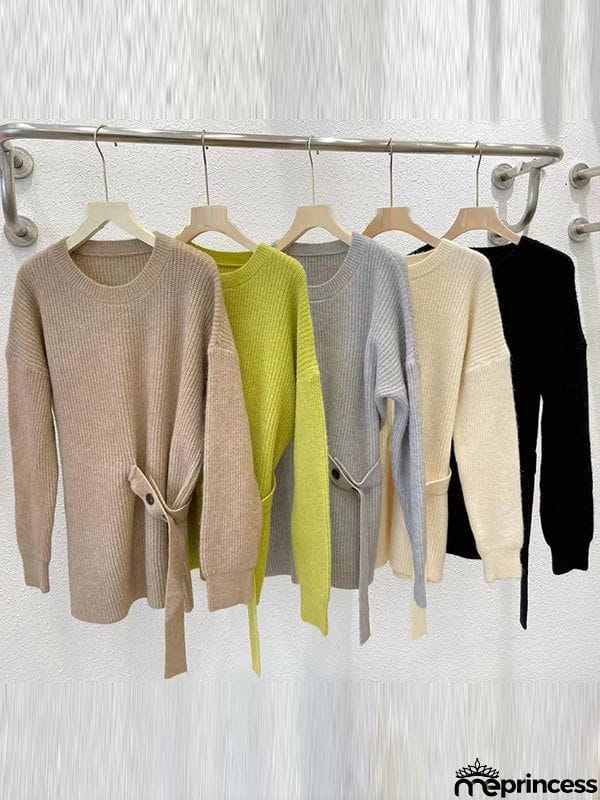 Casual Long Sleeves Loose Solid Color Round-Neck Sweater Tops