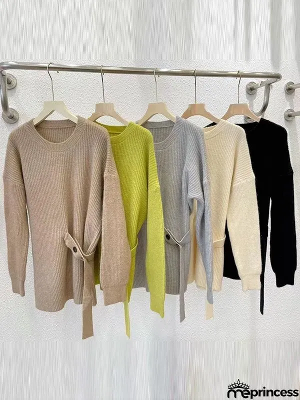 Casual Long Sleeves Loose Solid Color Round-Neck Sweater Tops