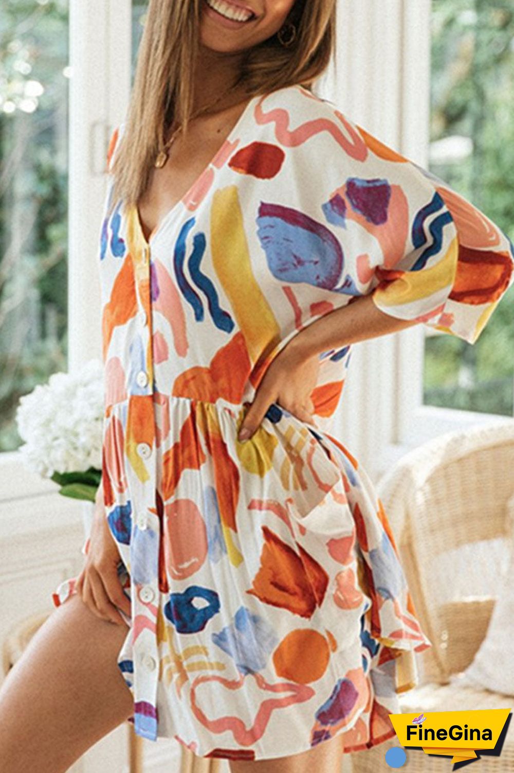 Fashion Street Print Split Joint V Neck Printed Dresses
