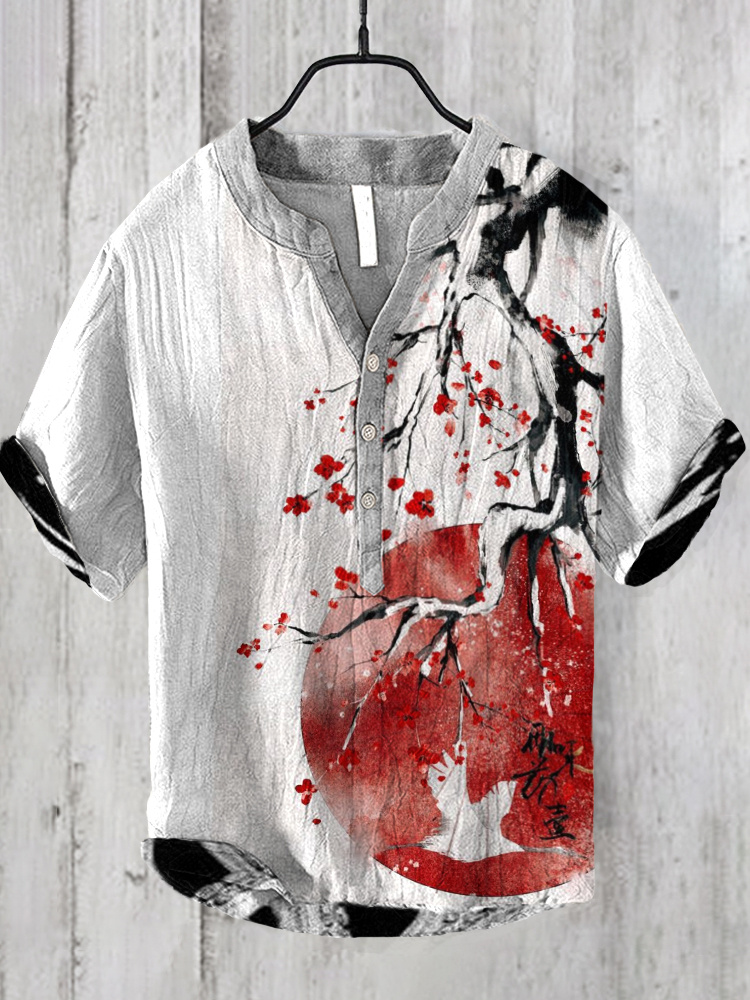 Plum Blossom Sunrise Japanese Art Linen Blend Shirt  artssus