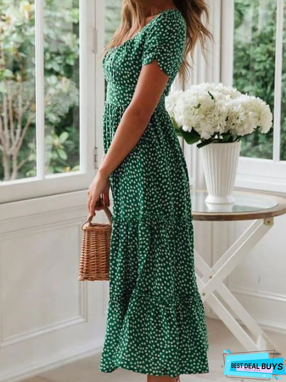 Women's A-Line Dress Midi Dress - Short Sleeve Polka Dot Summer Deep U Hot Casual / Daily Boho Black Red Yellow Green