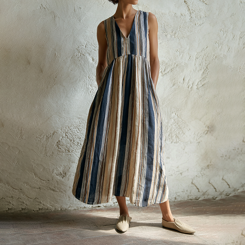 Comstylish Women's Vintage Colorful Stripes Linen Art Tank Dress