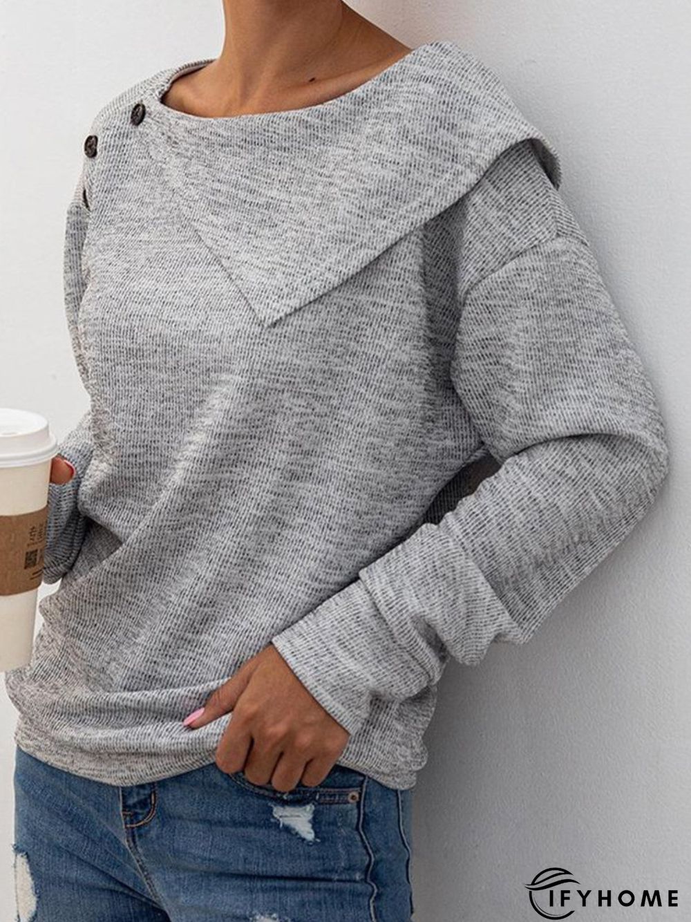 Gray Buttoned Solid Long Sleeve Cotton-Blend Topknitwear & Tunic Sweater Knit Jumper | IFYHOME