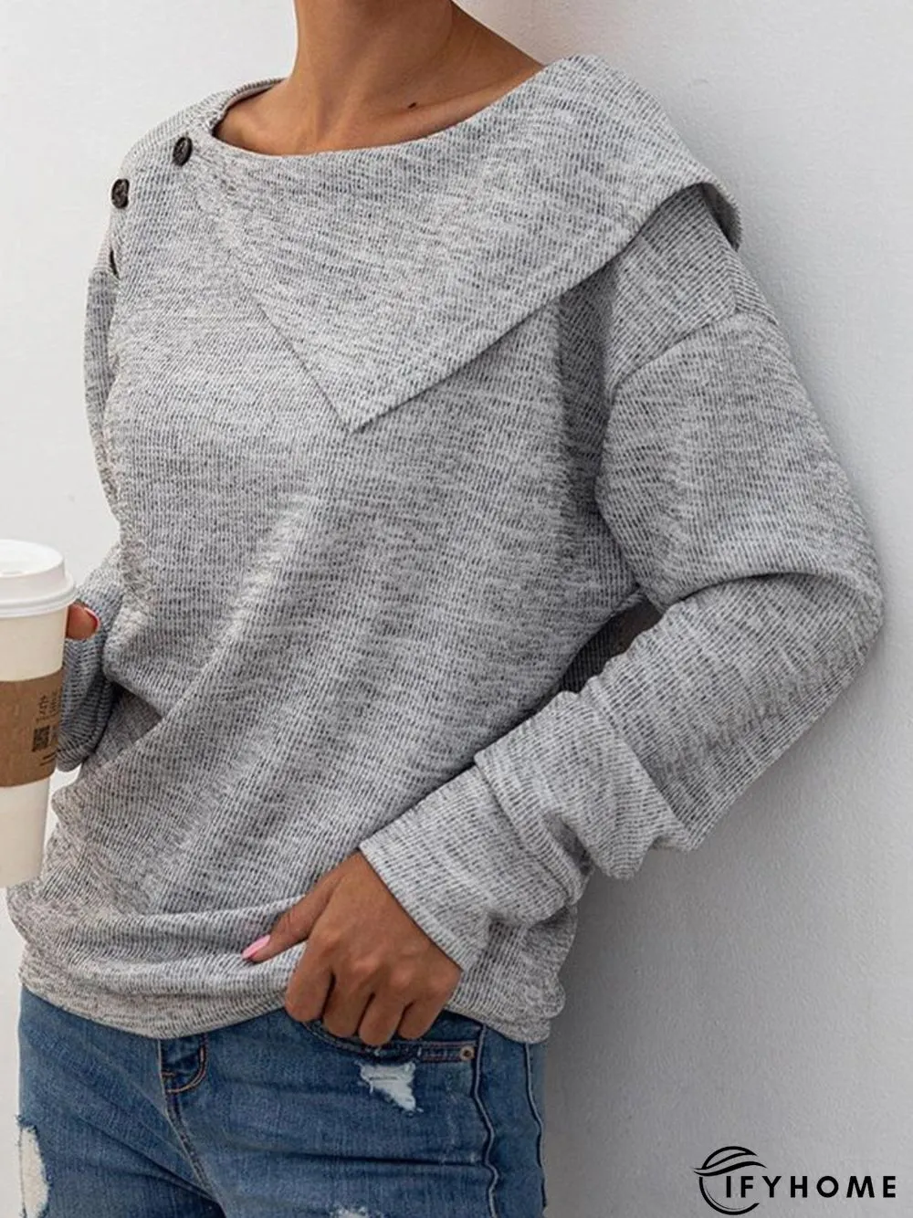 Gray Buttoned Solid Long Sleeve Cotton-Blend Topknitwear & Tunic Sweater Knit Jumper | IFYHOME
