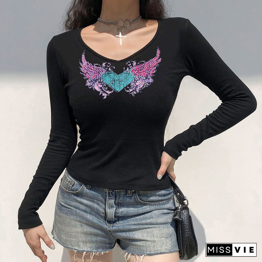 Retro Street Style Rhinestone Detail Long Sleeve Tee