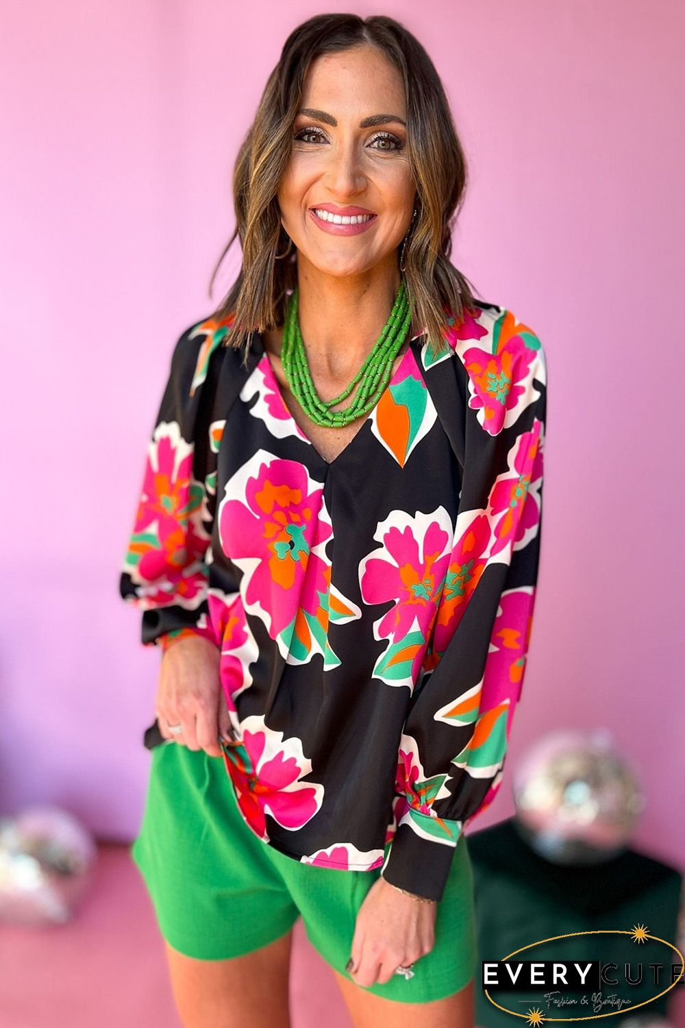 Black Rose Flower Print Puff Sleeve Blouse