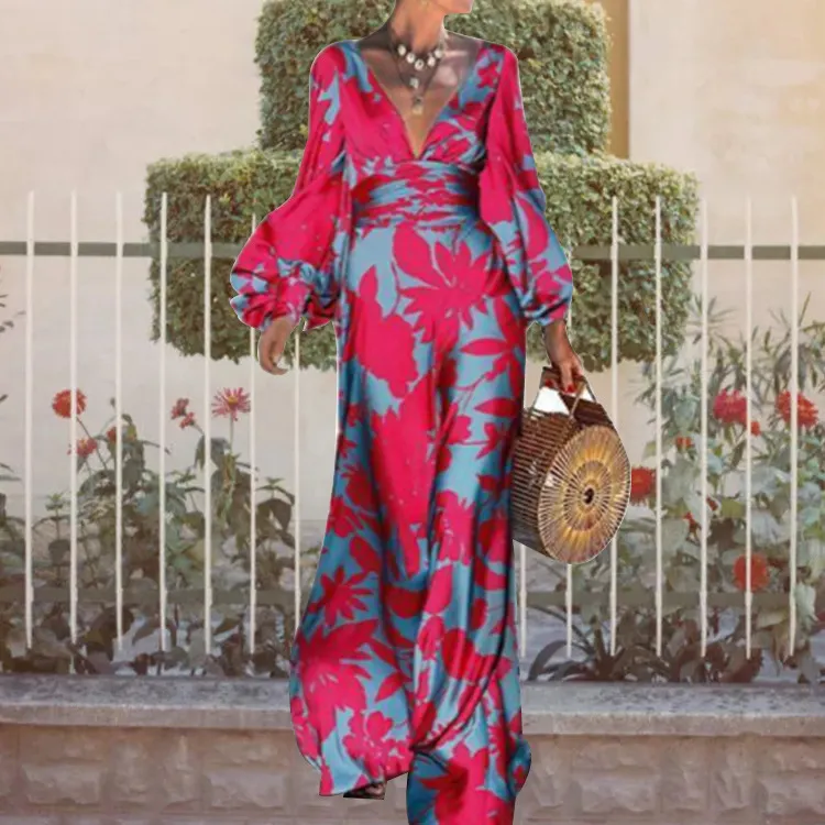 Brownm Brownm High-Waisted Commuter Dress Printed Lantern Sleeve V-Neck Winter Dress 661