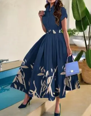 Brownm Brownm Shirt Collar Large Hem Positioning Floral Print Short Sleeve Button Dress Belt Belt