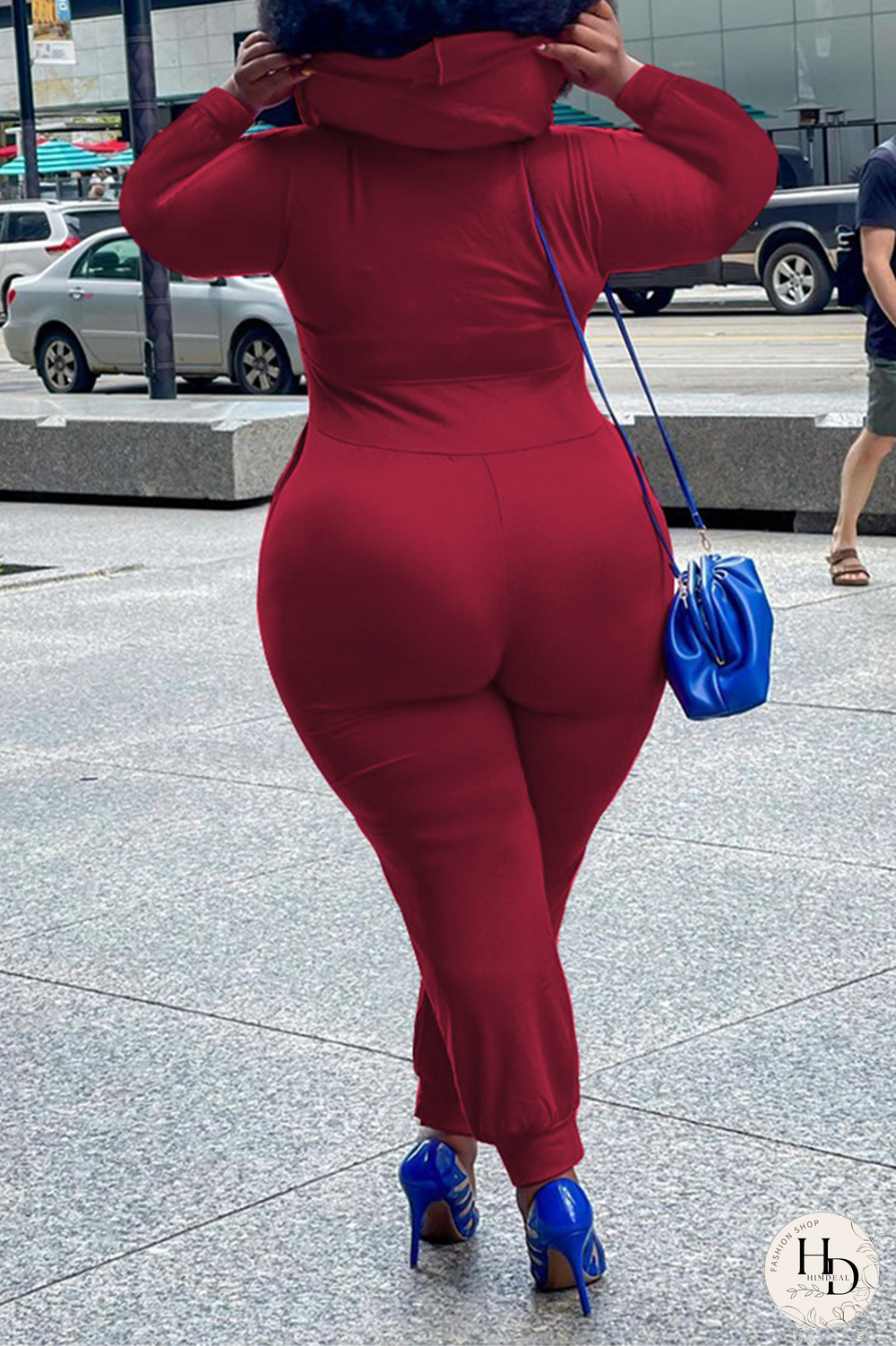 Burgundy Casual Solid Split Joint Hooded Collar Plus Size Jumpsuits