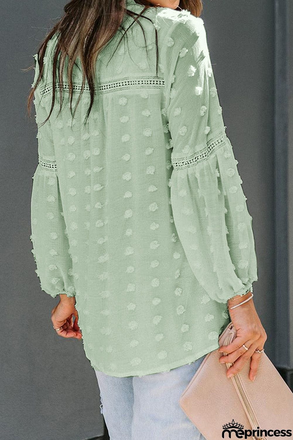Ruffled Split Neck Lace Hollow Out Puff Sleeve Polka Dot Blouse