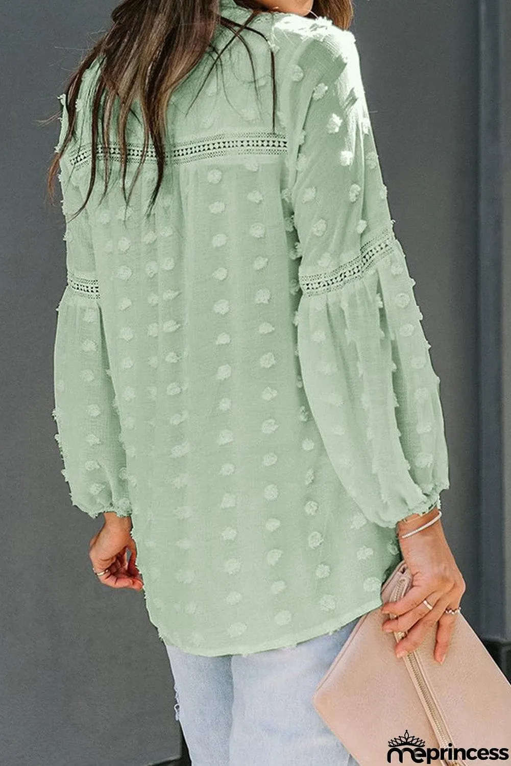 Ruffled Split Neck Lace Hollow Out Puff Sleeve Polka Dot Blouse
