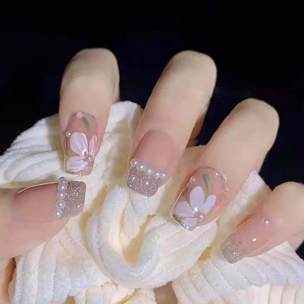 24PCS Press On Nails with Diamond Butterfly Design White Fake Nails Coffin Ballet False Nails Manicure Salon DIY  Full Finished-Nail Inspo