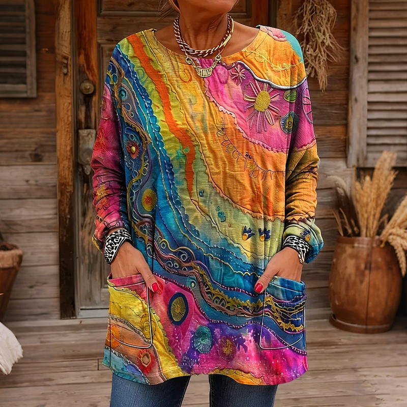Women's Peace Tie-dye Rainbow Art Pattern Casual Long-sleeve Pocket T-shirt artswardrobe