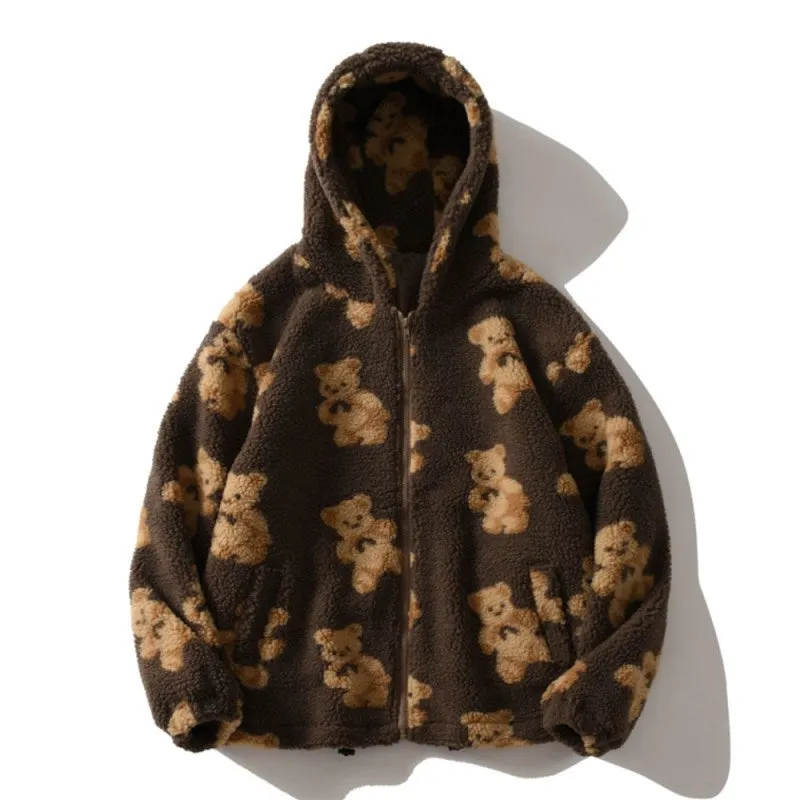 Brownm Long Sleeve Hooded Thick Casual Cartoon Pattern Bear Zipper Pocket Fleece Sweatshirt