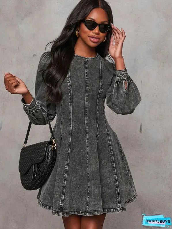 Fashion Casual Patchwork Drop Waist Women's Denim Long Sleeve Dress