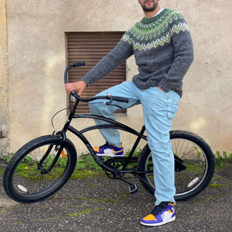 Men'S Vintage Knitted Jacquard Crew Neck Sweater