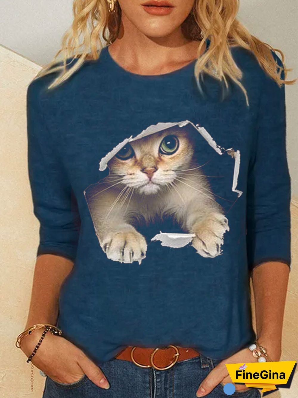 Cotton-Blend Crew Neck Floral-Print Long Sleeve Tops