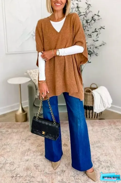 Chicest V Neck Loose Fit Solid Poncho Sweater